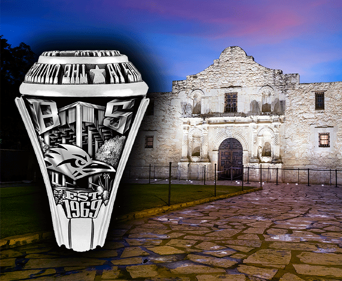 UTSA class ring in front of photo of Alamo
